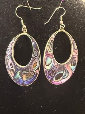 Vintage Alpaca Mexico- Abalone Pattern Open Oval Drop Earrings - Multicolor